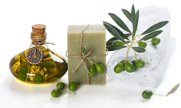 Soap and green olives. Spa elements. — Stock Photo, Image