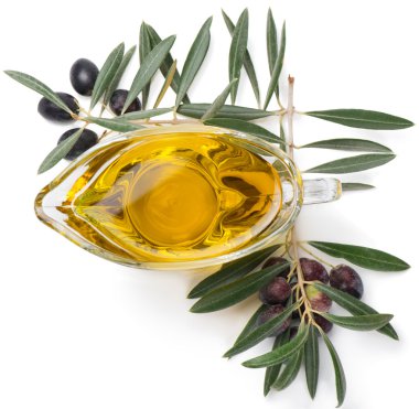 Şube ile zeytin ve zeytin yağı, üstten görünüm