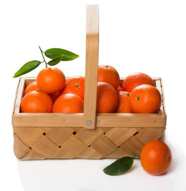 Yeşil yaprakları ile olgun mandalina sandığı 