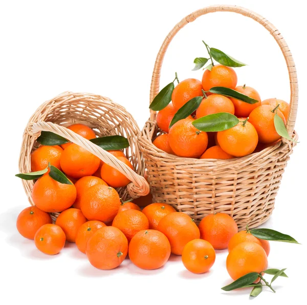 Tangerinas maduras com folhas verdes em uma cesta de dois — Fotografia de Stock