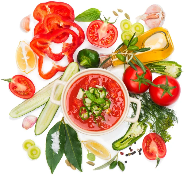 Bowl of fresh tomato soup gazpacho and vegetables — Stock Photo, Image