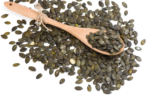 Closeup salted pumpkin seeds, top view — Stock Photo, Image