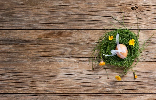 Egg with ribbon in a nest with flowers, top view — Stock Photo, Image