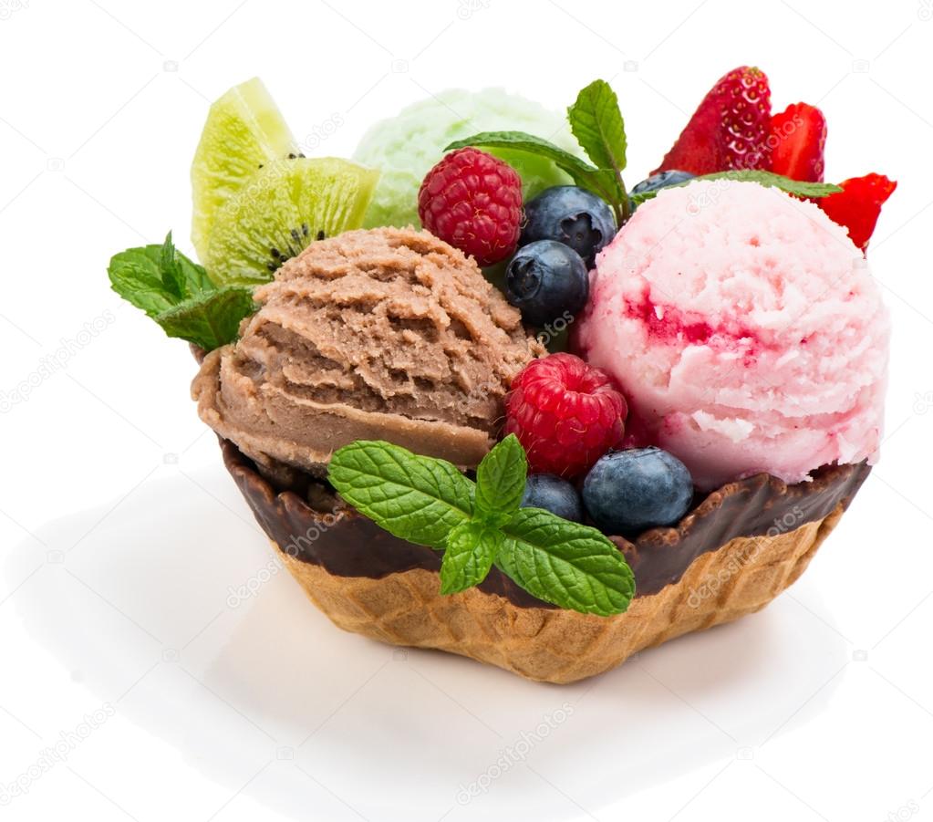   Berry and chocolate ice cream with fresh fruits