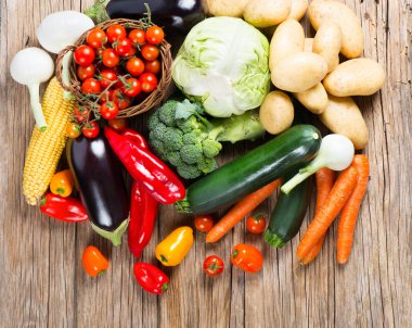 Pile of organic vegetables, view from above