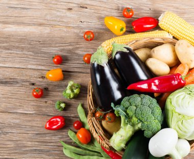  View from above of set of fresh vegetables in a basket