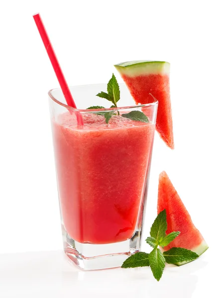 Glass with watermelon smoothie with drinking straw — Stock Photo, Image