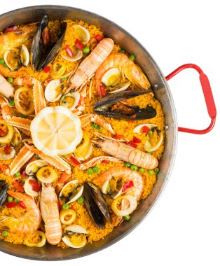 Paella - geleneksel İspanyol yemeği, üstten görünüm