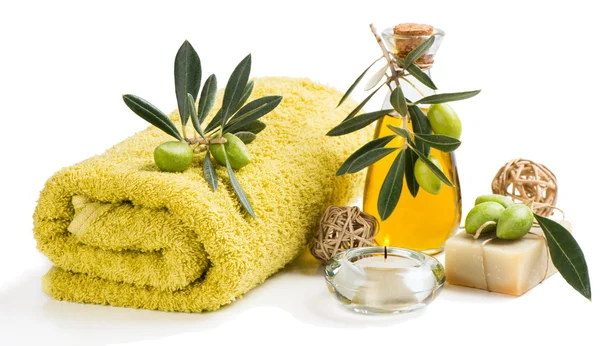Beautiful spa setting with olives — Stock Photo, Image