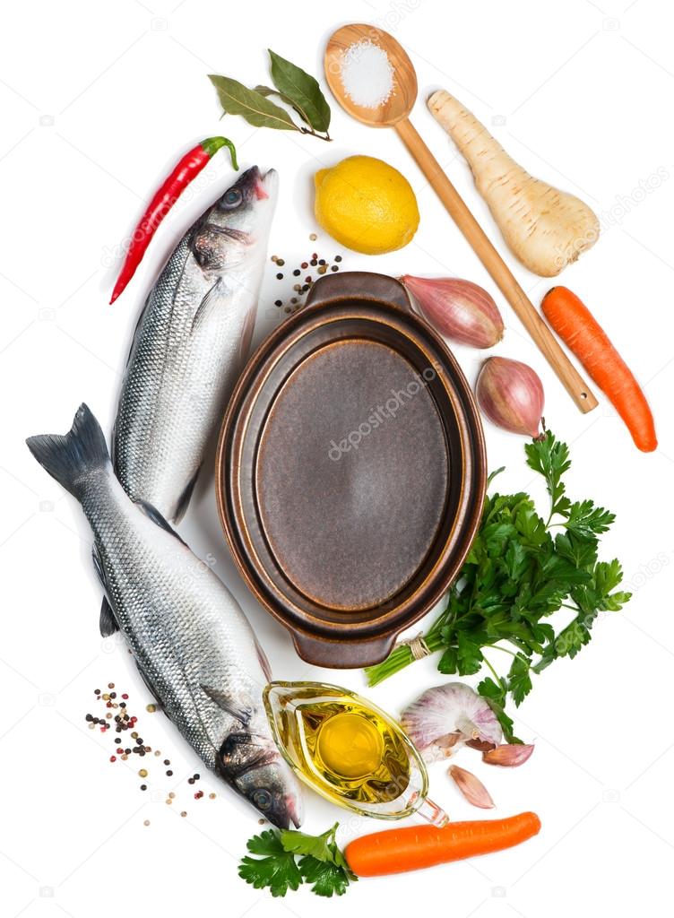 Fish, diet or cooking concept, top view