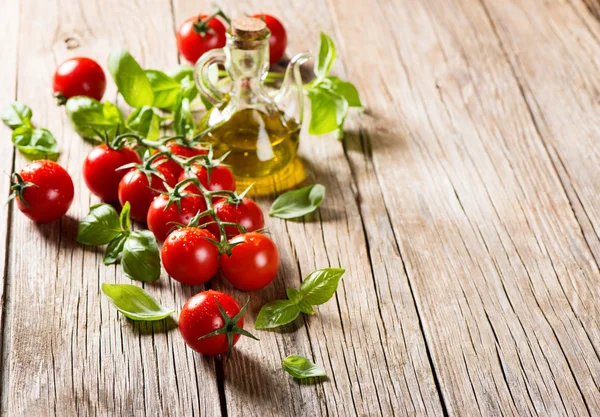 Tomates cherry con albahaca y aceite de oliva — Foto de Stock