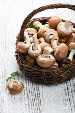 Close up of basket with champignon mushrooms clipart