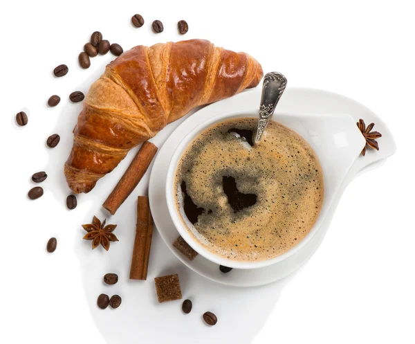 Café en taza blanca para el desayuno, vista superior — Foto de Stock