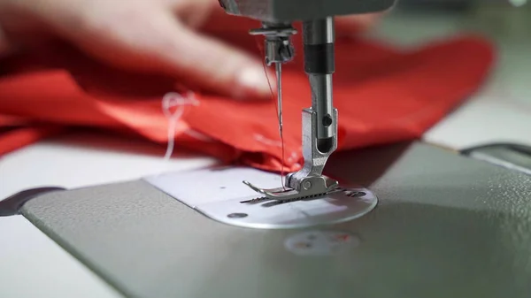 Female Hands Master Tailor Working Red Weave — Stock Photo, Image