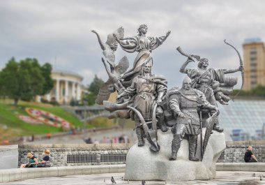 Monument to the founders of Kiev on Independence Square in Kiev. Brothers Kyi, Cheek, Horeb and their sister Lybid.  Kiev, Ukraine. July 1, 2015 clipart
