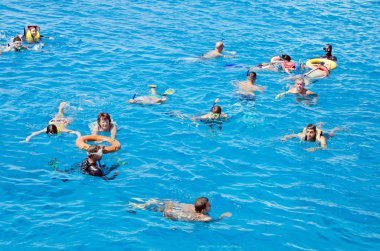 İnsanlar aktif olarak sakin ol, Red Sea'deki/daki yüzmek. Etkinlik, yüzme, su manzara. Mısır, Afrika, 2012