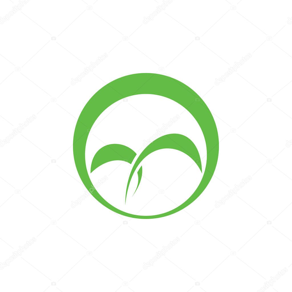 Circle with leaf, M letter, mountain silhouette logo design vector