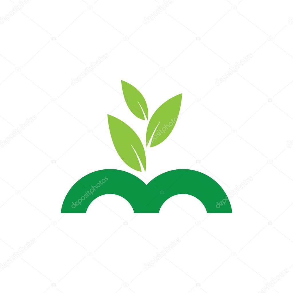 M letter or River bridge or Mountain with leaf logo design vector