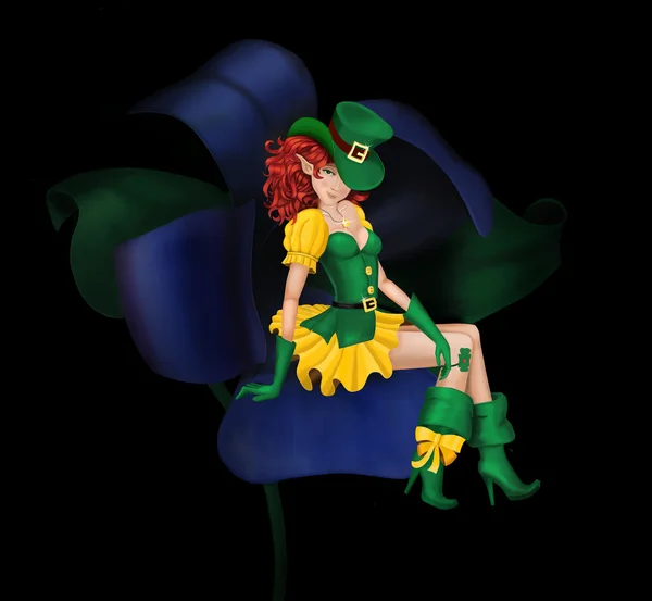 Glamorous, young, sexy girl leprechaun sitting on a flower at ni — Stock Photo, Image