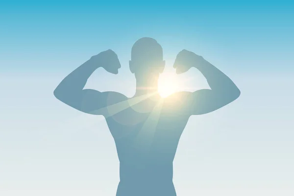 Starke muskulöse Männersilhouette auf sonnigem Hintergrund — Stockvektor