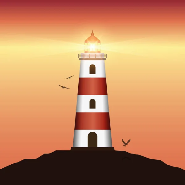 Phare lumineux au coucher du soleil avec des oiseaux volants — Image vectorielle