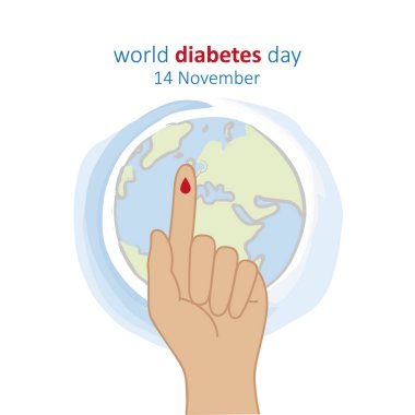 Kan damlası olan mavi çember ve parmak 14 Kasım günü şeker hastalığı