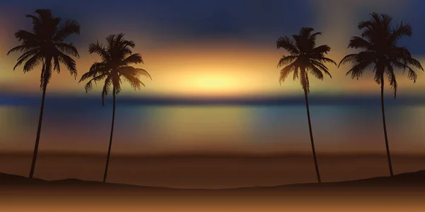 Tropikal günbatımı arka planı ve palmiye yaprağı olan lüks tatil tasarımı — Stok Vektör