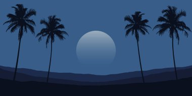 Tropikal gece manzarası Palmiye ağaçları ve dağlarla