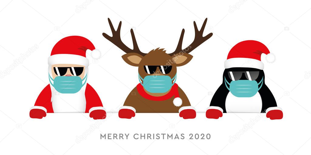 corona virus christmas 2020 design with cute deer santa claus and penguin cartoon