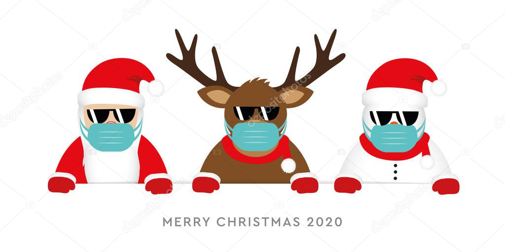 corona virus christmas 2020 design with cute deer santa claus and snowman cartoon
