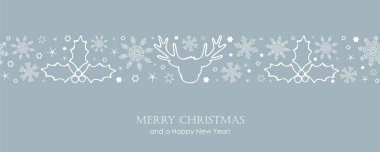 Beyaz, pürüzsüz kar taneleri ve geyik desenli Noel kartı.
