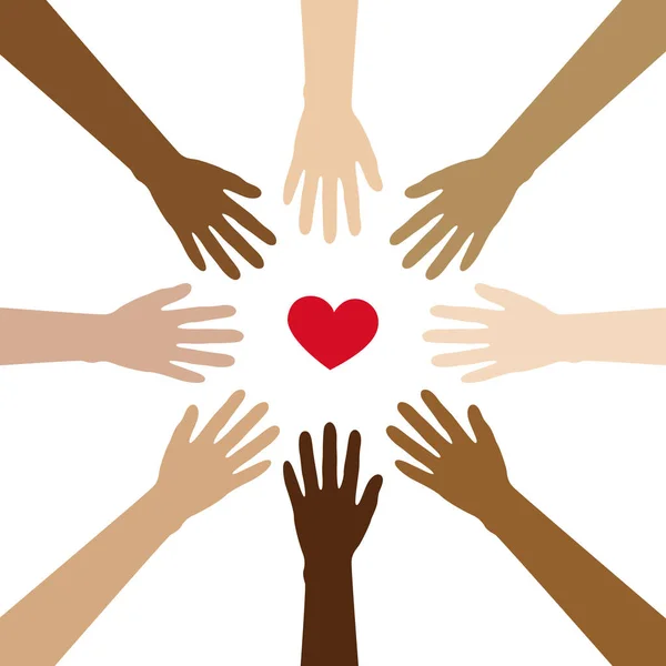 Grupa ludzkich rąk o różnych kolorach skóry buduje krąg wokół serca — Wektor stockowy
