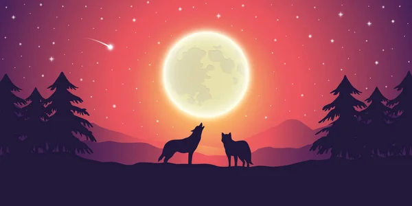Два волка на фиолетовом горном ландшафте с полной луной и звездным небом — стоковый вектор