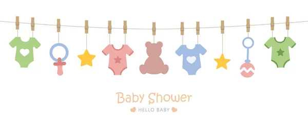 아기 샤워 기구를 걸어 놓은 출산 카드에 대한 환영 인사 카드 — 스톡 벡터