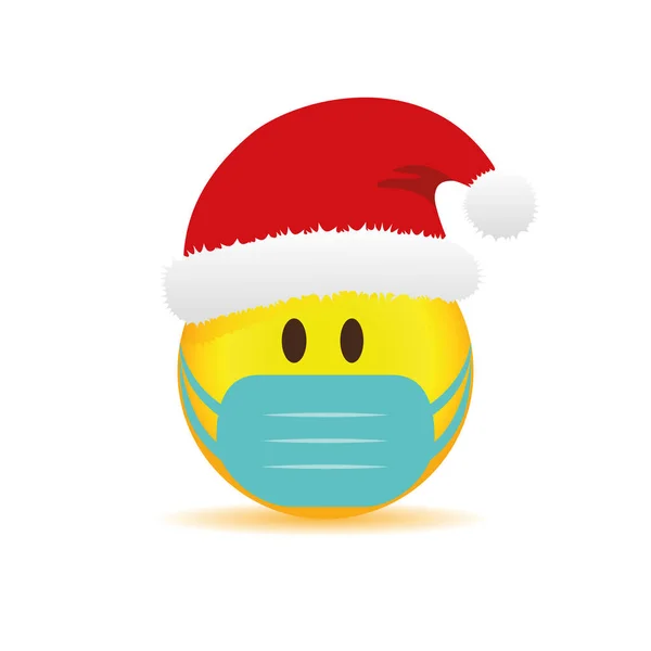 Emoji tersenyum dengan topi santa merah dan masker - Stok Vektor