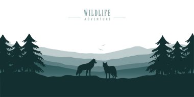 Dağ manzaralı mavi orman manzarasında kurt sürüsü