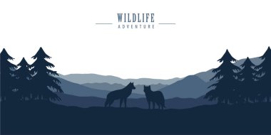 Dağ manzaralı mavi orman manzarasında kurt sürüsü