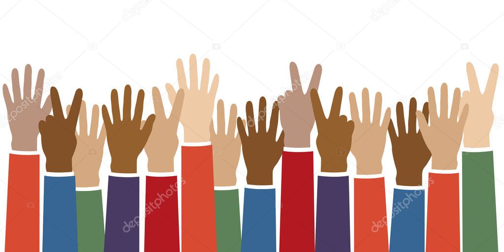 raised hands in different skin colors peace concept isolated on white