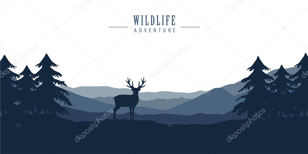 wildlife deer in forest with mountain view blue nature landscape