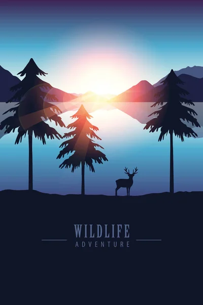 Wildlife adventure elk in the wilderness by the lake at sunset — Stock Vector