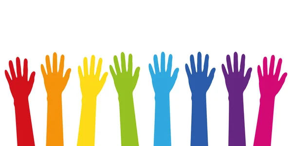 Colorful raised hands in rainbow colors isolated on white — Stock Vector