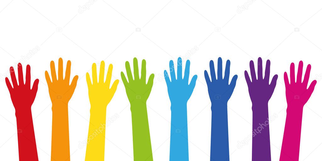 colorful raised hands in rainbow colors isolated on white