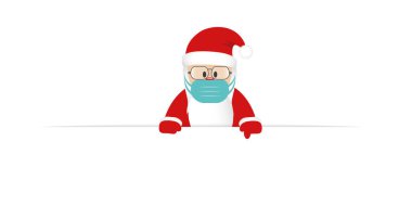 Maskeli şirin Noel Baba parmağını beyaz pankarta doğrultuyor.