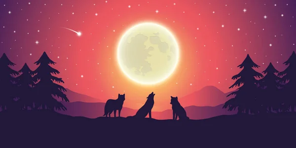 Два волка на фиолетовом горном ландшафте с полной луной и звездным небом — стоковый вектор