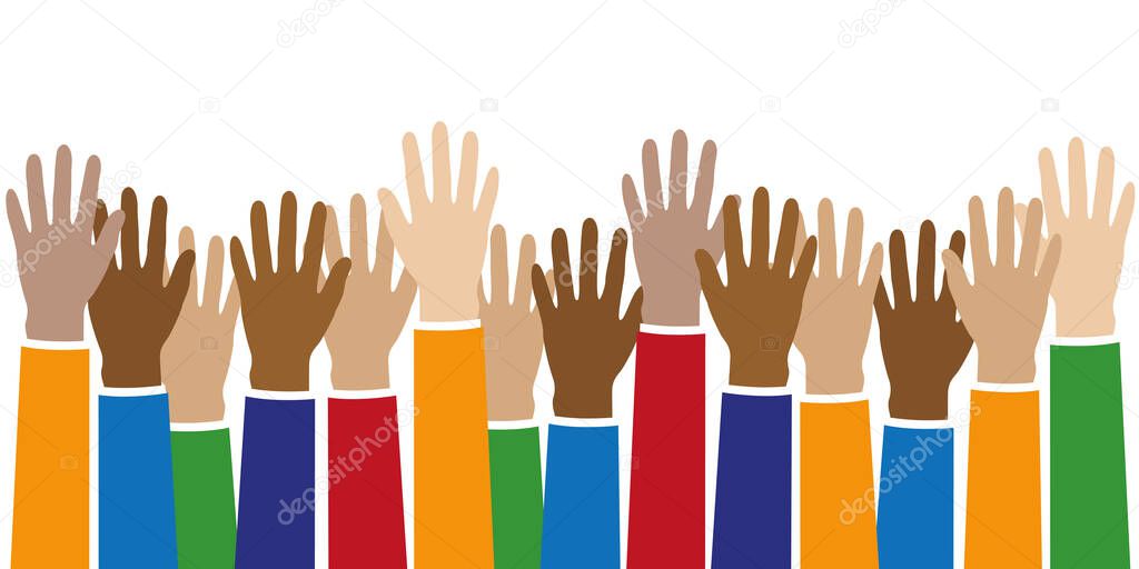 raised hands in different skin colors isolated on white