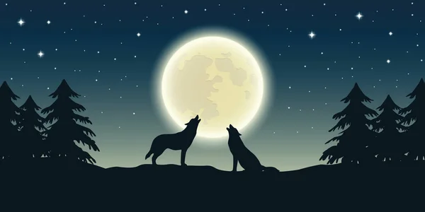 dolunay orman ortamındaki adlı iki kurt uluyor