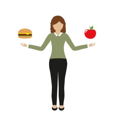 Kadın bir elinde burger, diğer elinde elma tutuyor.