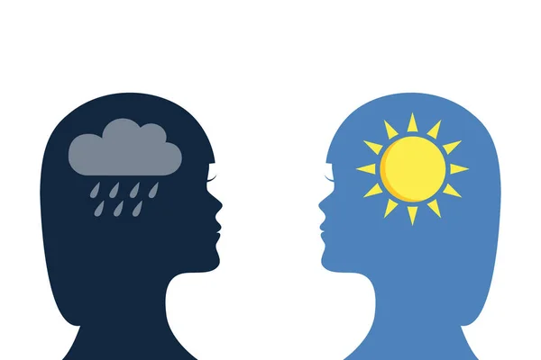 Geestelijke gezondheid concept vrouw met regen en zon symbool silhouet — Stockvector