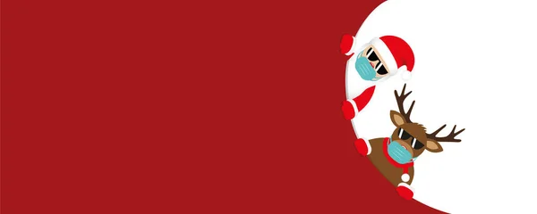Banner de Natal vermelho com bonito Papai Noel e veados com óculos de sol e máscara facial —  Vetores de Stock