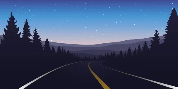 Asphalt road in forest and mountains by night — Stock Vector